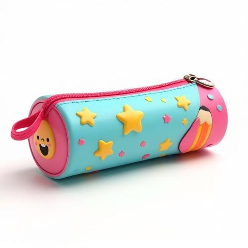 3D cartoon pencil case with vibrant colors and patterns. Elongated rectangular shape with zipper on top. Features stars hearts and dots in bright colors. Smooth glossy texture with a friendly cartoon character. White background for focus and clarity.