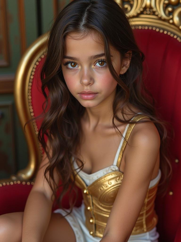 A girl with long wavy hair sits gracefully in a luxurious gold and red chair. She wears a beautifully designed gold and white outfit. Her brown eyes and long lashes tell a story of elegance and allure. The soft lighting enhances her features elegantly.