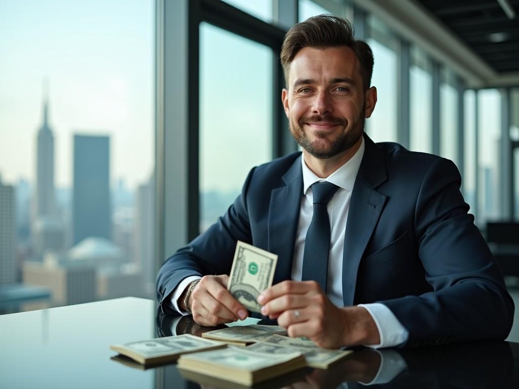 A confident businessman smiling while holding a stack of money in a modern office setting with a city skyline in the background.