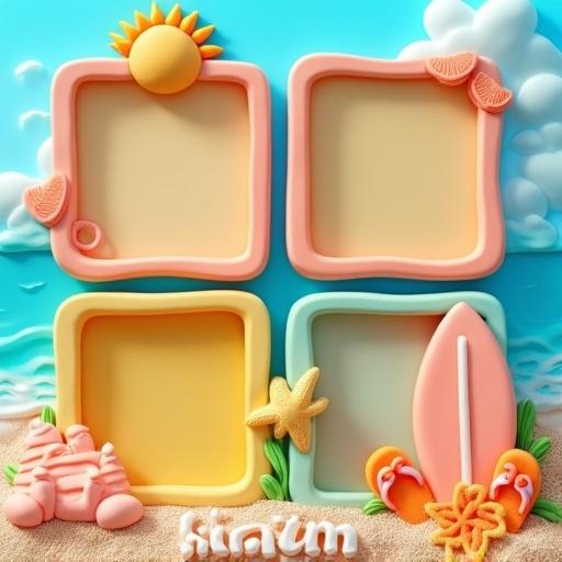 A whimsical claymation-style photo collage template with a beach theme features four decorative frames. Top left frame shaped like a sun. Top right frame designed as a sandcastle. Bottom left frame resembling a seashell. Bottom right frame shaped like a surfboard. All frames are blank. Background shows clay-modeled seaside elements like sky, ocean, and sand. Styled to look handmade with soft shadows. Title at the bottom center reads 'Seaside Snapshots'.