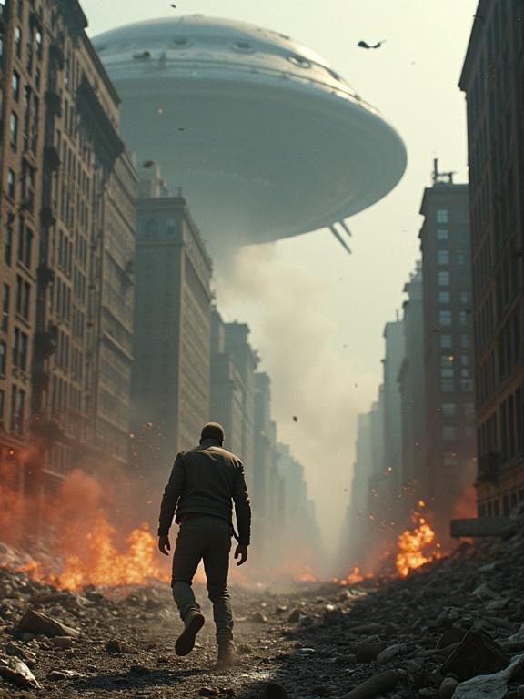 Character traverses destroyed apocalyptic New York as debris falls from a massive alien mothership. Dodges flames and smoke in a chaotic environment. Leaps through fire and ruins aiming to attack the ship. Realistic cinematic sci-fi atmosphere.
