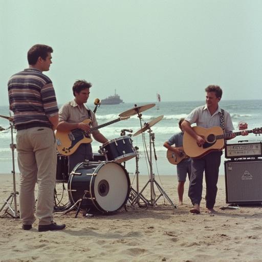A band performing on a California beach. The musicians are playing guitars and drums. Soft natural light enhances the scene. Several beachgoers are in the background. The atmosphere is lively and nostalgic.