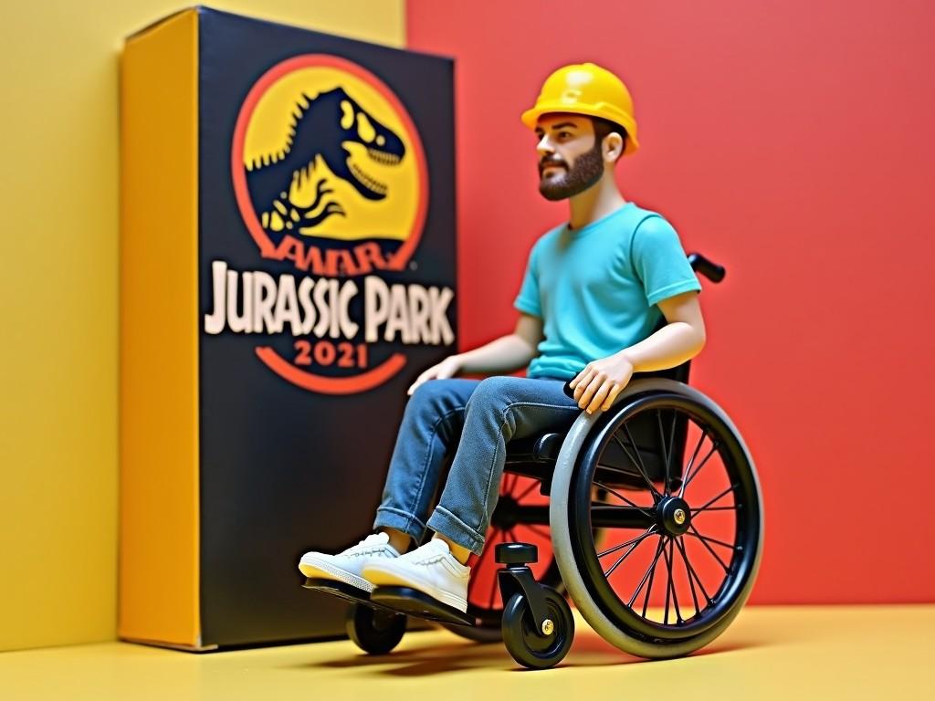 A collectible figurine of a person in a wheelchair wearing a hardhat, posed in front of a Jurassic Park 2021 themed background.