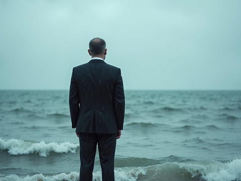 A man stands in the sea wearing a black formal suit. He has his back to the camera. The weather is rainy and the waves are rough. The scene depicts contemplation and solitude.