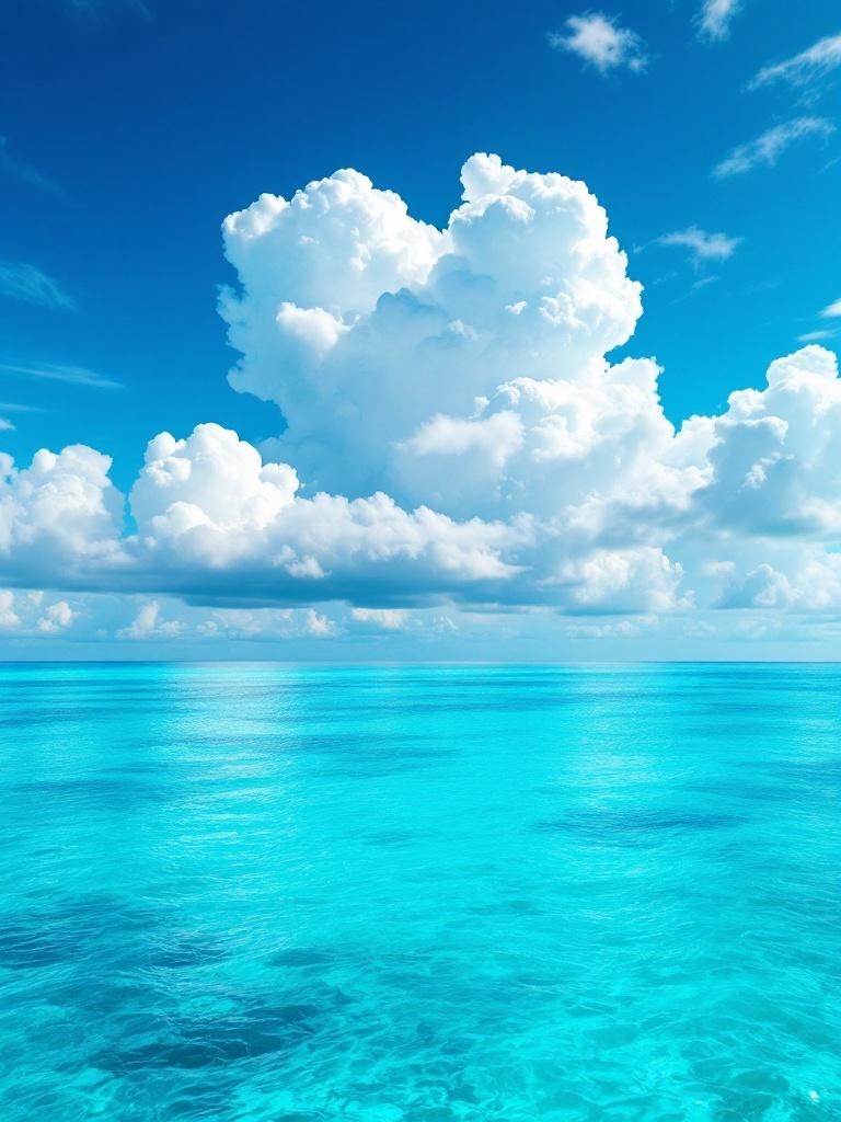 Stunning scene of Caribbean Sea under vast sky. Gorgeous white clouds form the word Quest. Vibrant turquoise sea captures essence of tranquil tropical paradise. Horizon blends seamlessly, creating infinite tranquility and adventure. Atmosphere feels serene yet inspiring, evoking journey and exploration.