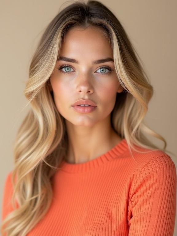 Professional portrait photograph of a young woman with long blonde hair and blue eyes. She wears an orange ribbed top. The background is beige. The lighting is soft and flattering for a polished look.