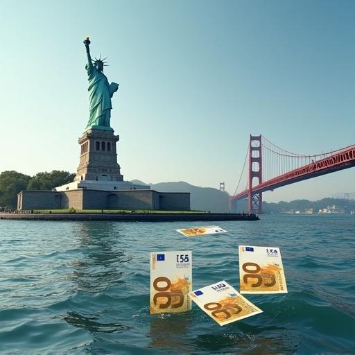 Fotorealistic landscape shows Statue of Liberty beside Golden Gate Bridge with four 100 euro banknotes floating in the sea.