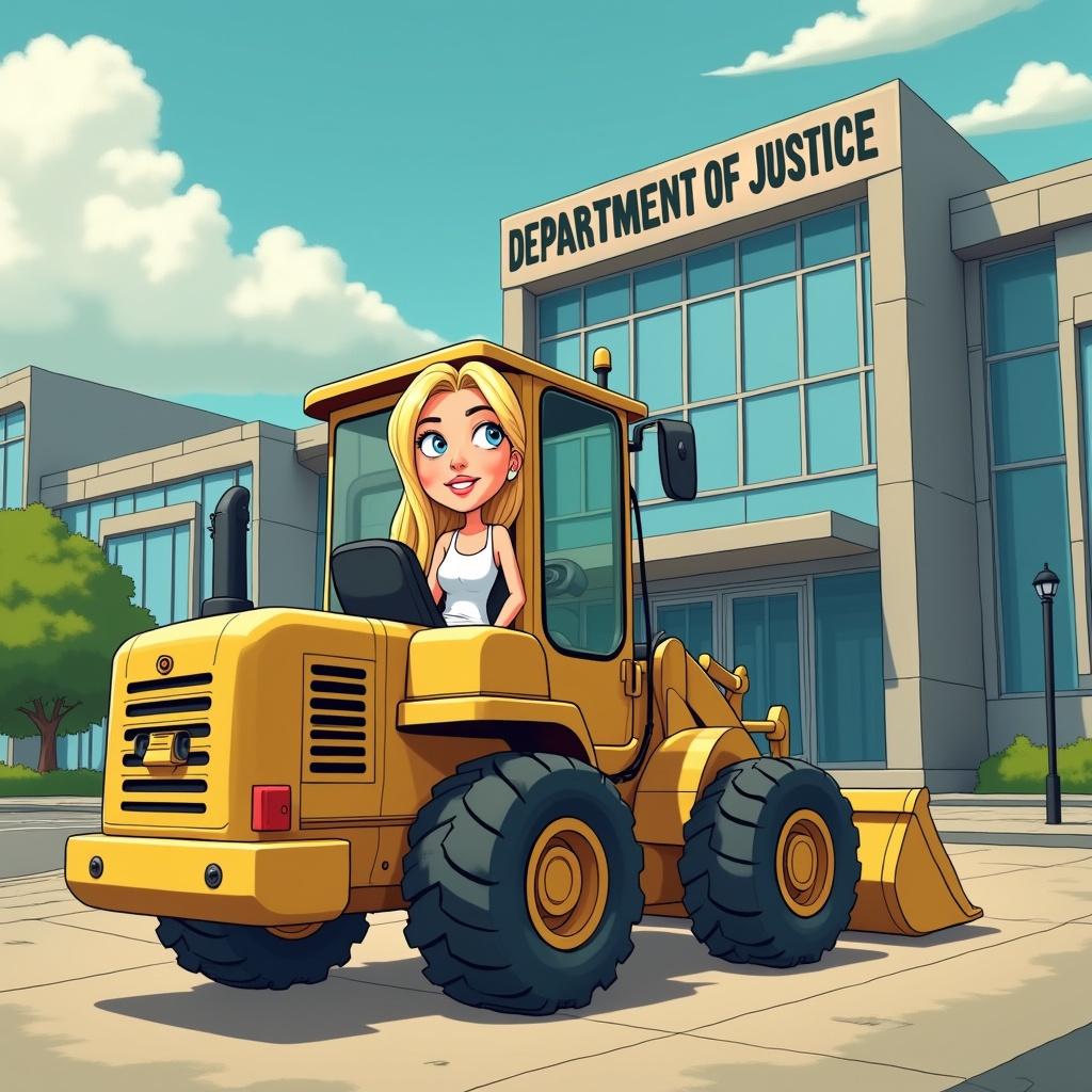 Ghibli-style cartoon of a blond woman on a bulldozer. She drives towards a modern office building labeled 'Department of Justice'.