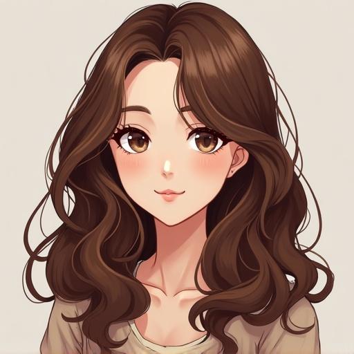 Medium-length chestnut brown hair with natural soft waves. Realistic hair texture shows individual strands. Subtle shine and natural flow. No exaggerated highlights or unnatural shapes. Gentle layering frames the face softly. A few stray hairs for natural appearance.