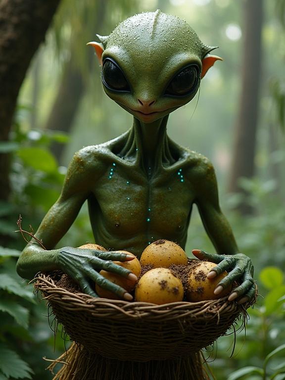 A tall slender Kelpien stands in a hydroponic jungle garden cradling a basket of glowing root vegetables. Their mottled olive-green skin with moss-like speckles blends into foliage. Neural nodes glow turquoise down their spine. Large black eyes focused and pupils dilated absorb light from bioluminescent fungi. A woven grass tunic with frayed edges drapes over them. Three-fingered hands brush soil off a kelpotato. Behind, tall trees drip luminescent vines and cast shadows. Detailed textures include dew on skin and fibrous clothing.