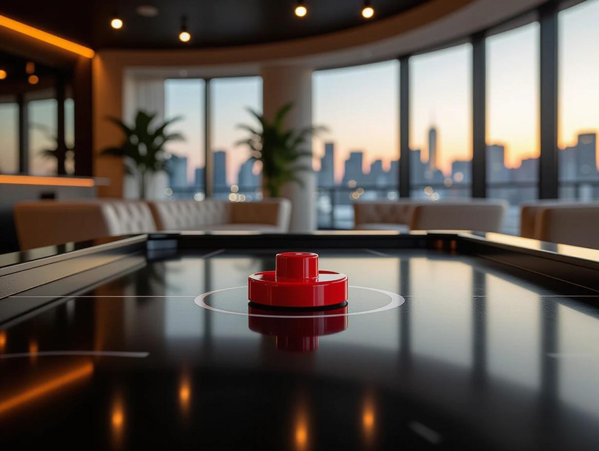 Close-up shot of glossy black air hockey table. Camera is at puck level. Red striker and puck are centered in the frame. Smooth surface reflects the red objects. Ambient lighting glows softly around table edges. Blurred background shows a luxury game room. Warm lighting and cream sofas create an inviting atmosphere. Tall windows provide city skyline views. Scene feels modern and dramatic.