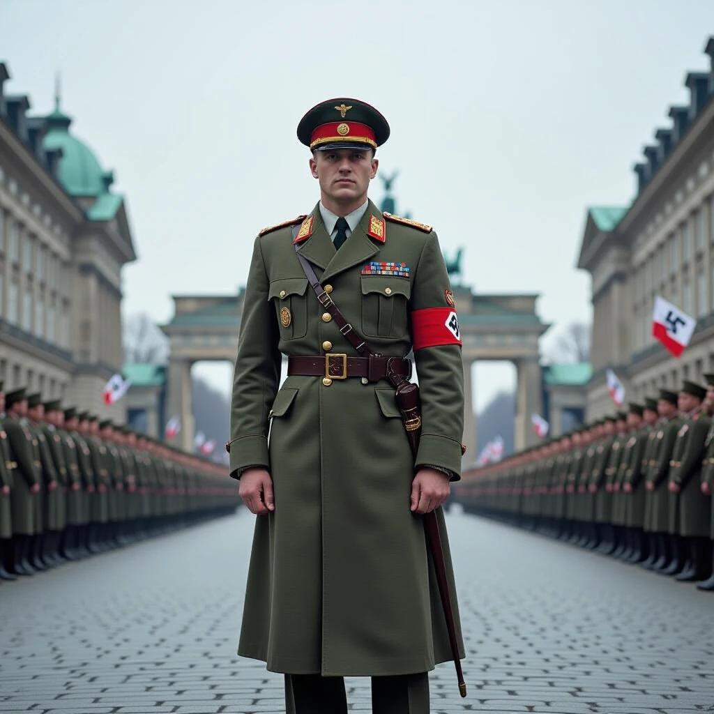 Image of a soldier in a Nazi military uniform standing at attention among soldiers on parade in a historic setting.