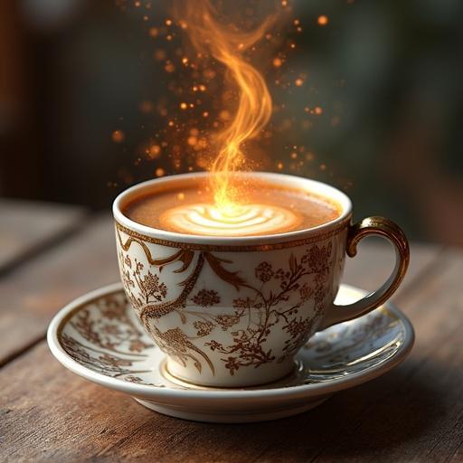 A marble coffee cup with a beautiful design stands on a wooden table. The cup features intricate branch inscriptions. Vibrant steam rises from the cup, glowing with a magical effect.