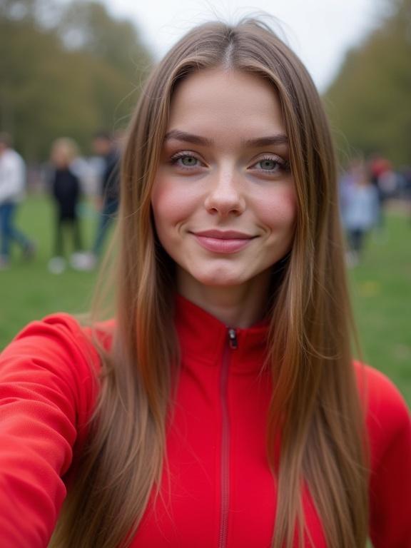 Photorealistic selfie of a beautiful young woman in a red tracksuit. She has light brown hair and a subtle smile. Background people are out of focus in a park.