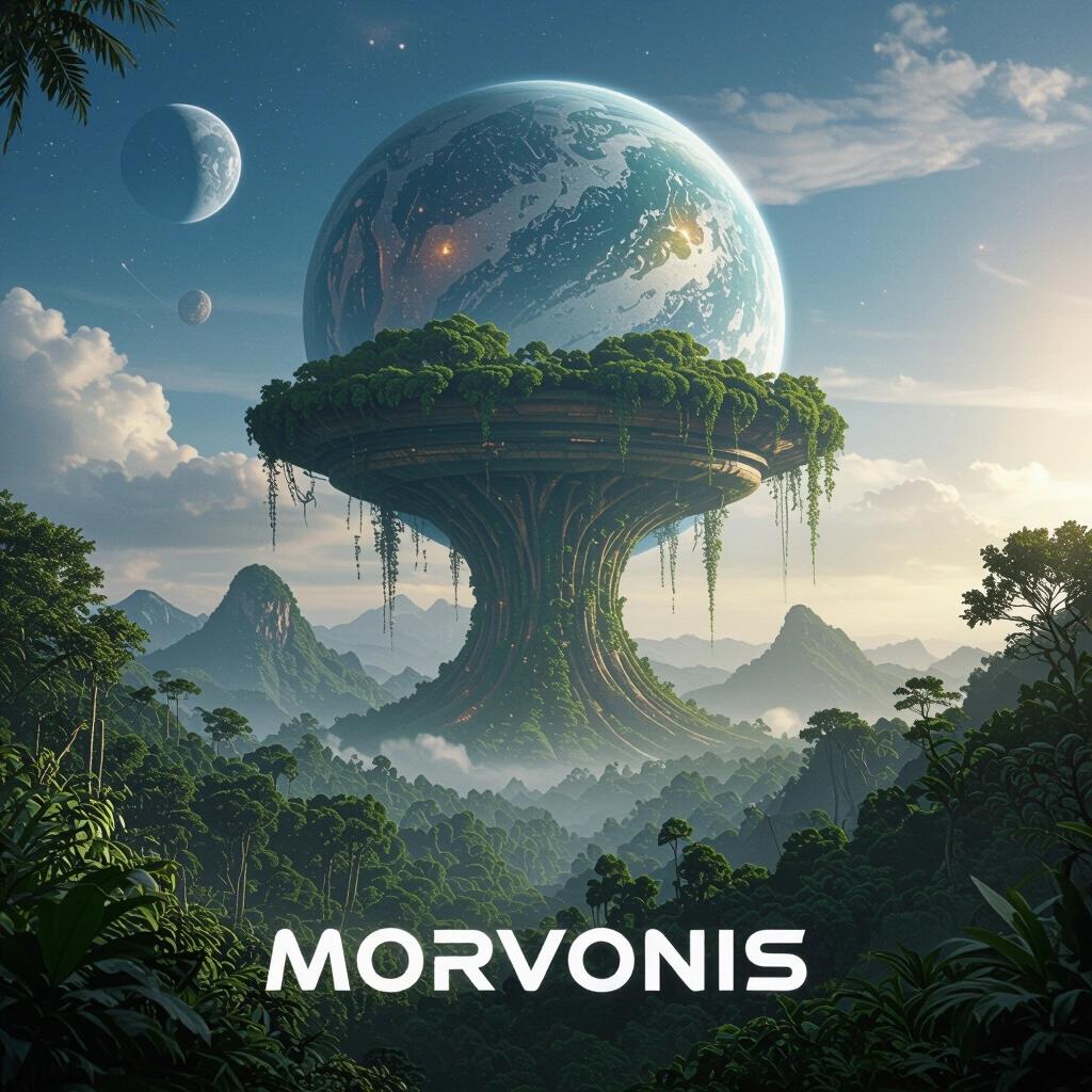 An otherworldly alien planet featuring a fantastical jungle and a colorful sky. A floating landform covered with trees is prominent in the scene. Text at the bottom reads 'Morvonis'.
