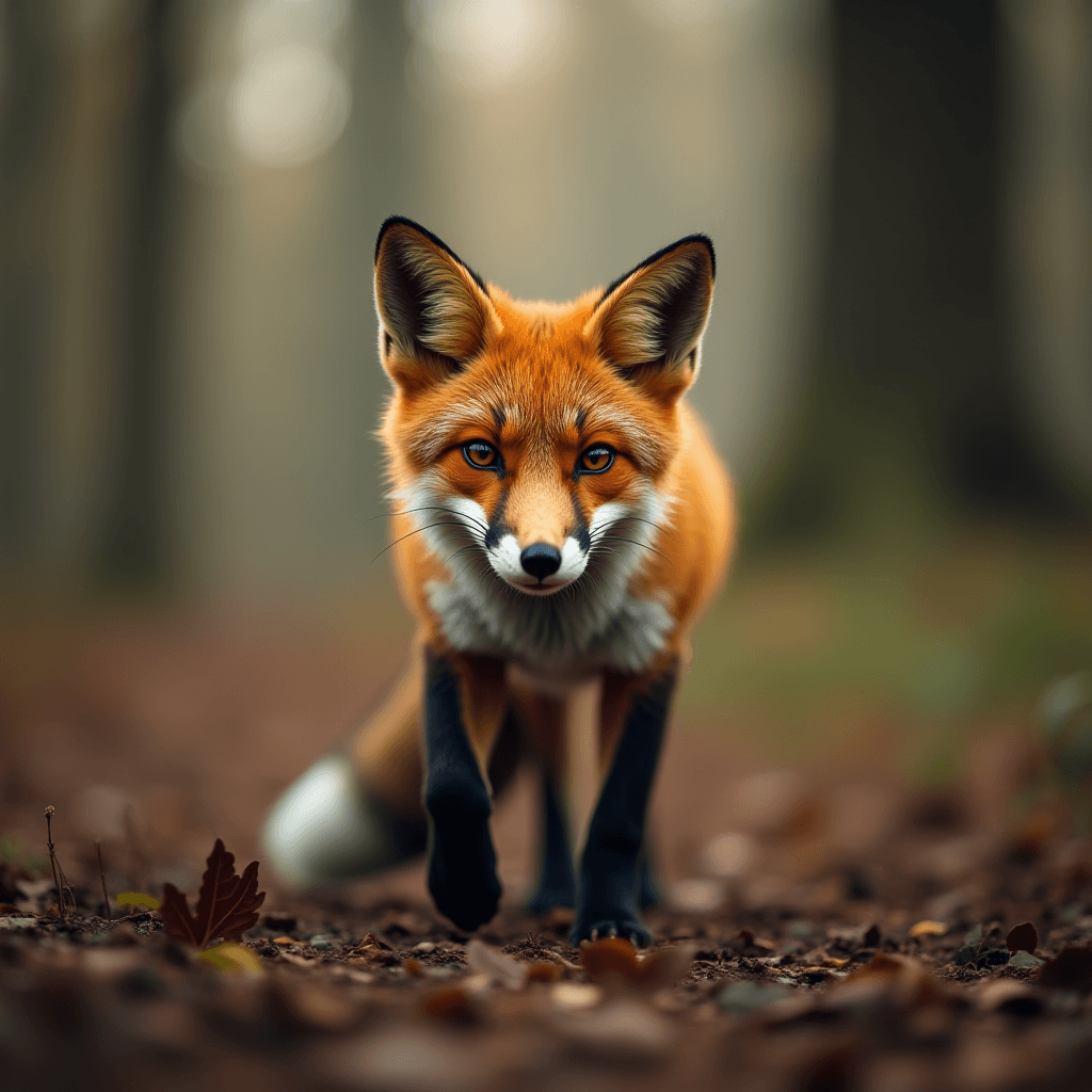 A fox with bright fur stands alert on a forest floor covered in fallen leaves.