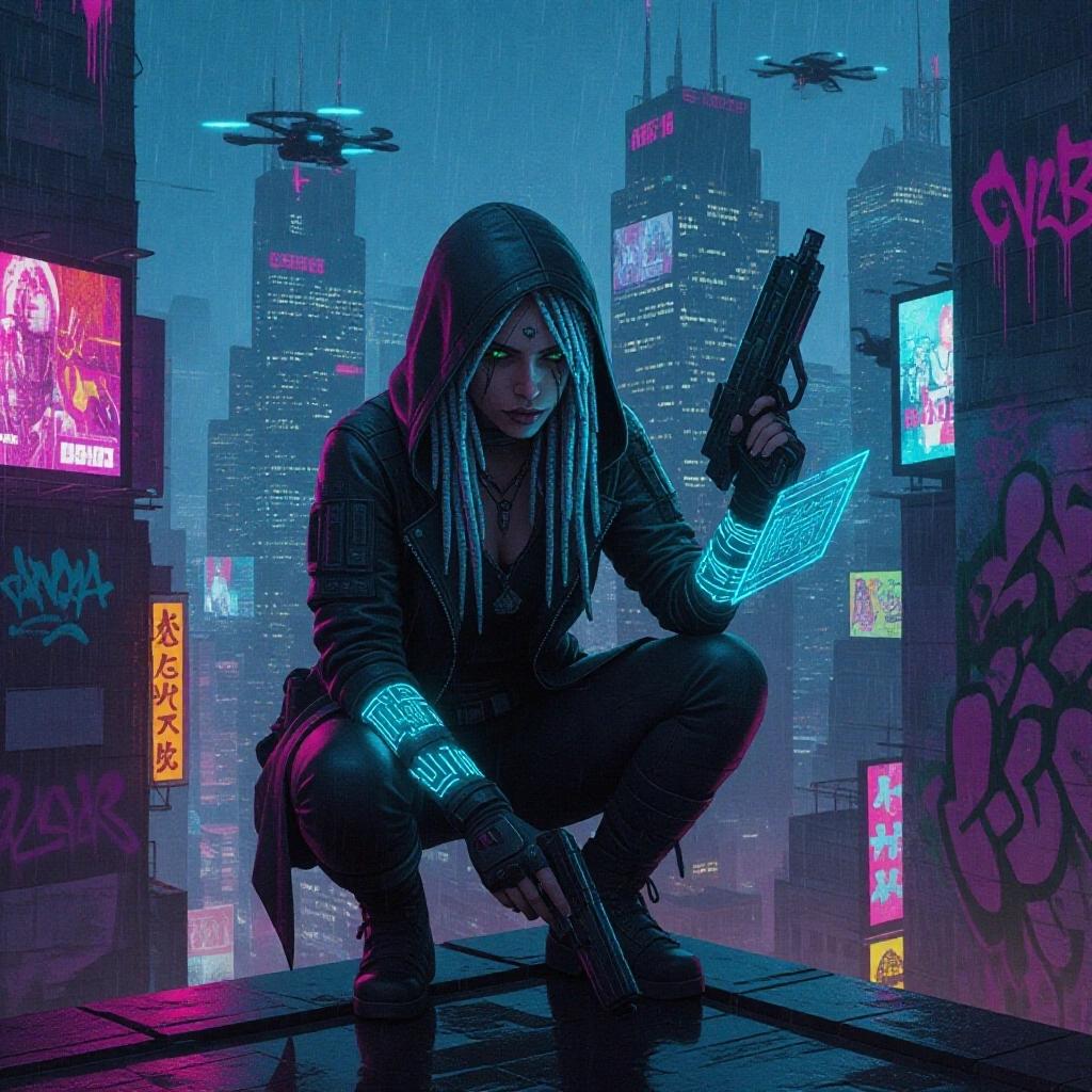 Masterpiece with detailed street art showing a female elf hacker. She has silver dreadlocks and wears a hooded coat. Her arms have glowing tattoos. She crouches on a neon-lit rooftop. Rain is falling in a cyberpunk city. She holds a glowing holographic deck and a grappling gun. Skyscrapers with digital billboards are in the background. Drones fly past and graffiti covers the walls below. Lighting is dramatic with colorful paint streaks blending into the rain. The color palette features electric blue and magenta. The expression is intense with asymmetrical framing.