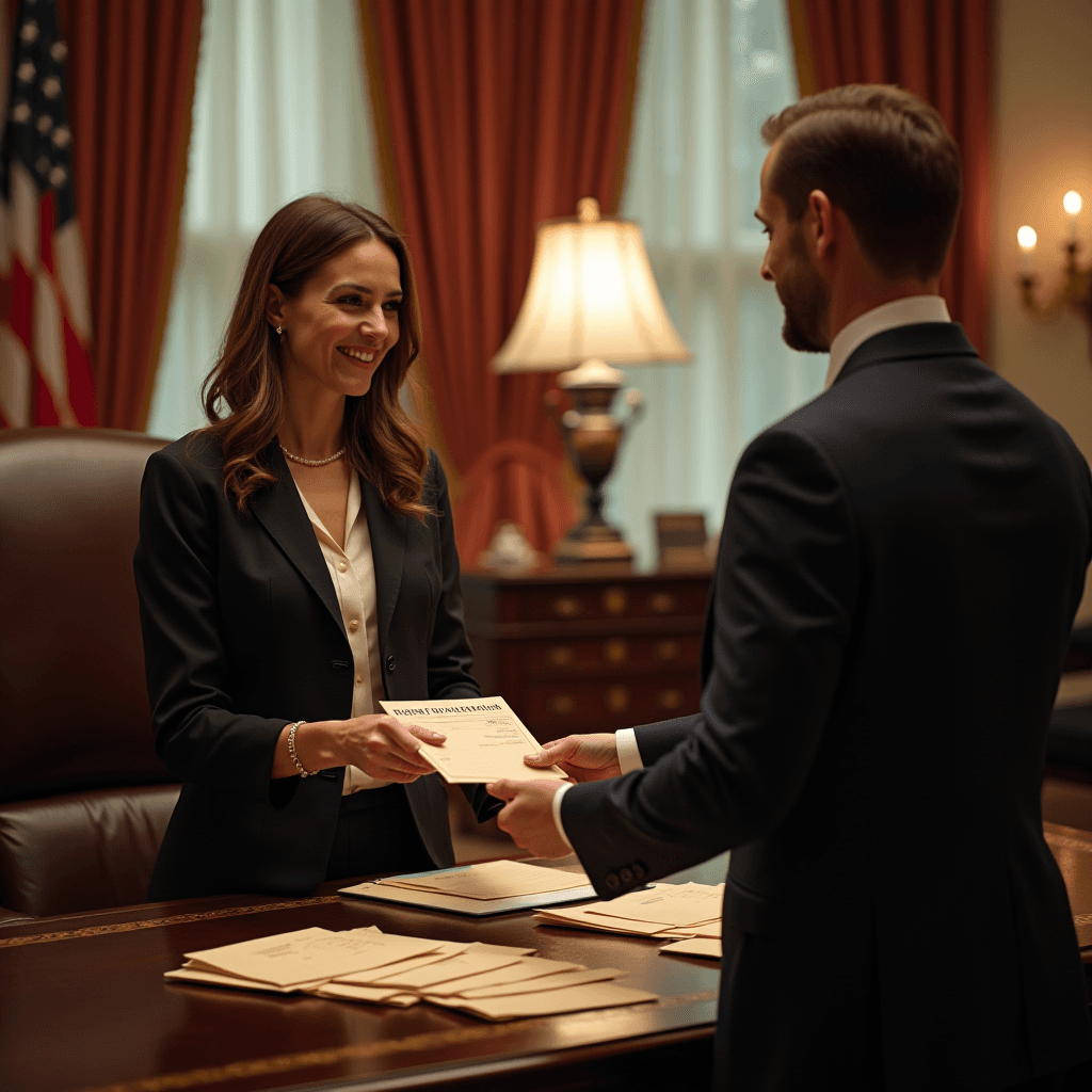 Two professionals exchange a document in an elegant office setting.