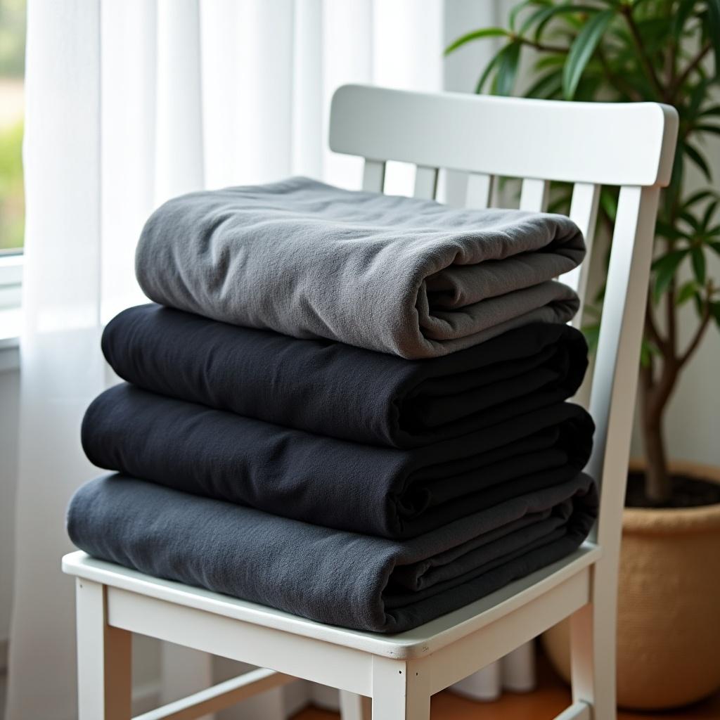 Stack of neatly folded black and gray blankets on a white wooden chair indoors. Natural light from window emphasizes colors.