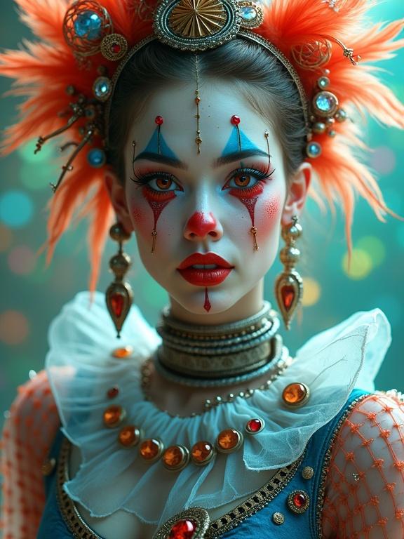 3D see-through young woman styled as a clown. She faces the viewer directly with a neutral expression. Features bright clown makeup with red, white, blue stripes. Wears elaborate, mechanical transparent clothing and accessories. Outfit detailed with metallic parts, jewels, colorful feathers in vibrant blues, golds, and more. Background blurs in green, yellow, purple colors suggesting lights. Lighting focuses on face, showcasing makeup, accessories. Composition balanced, highlights costume details.