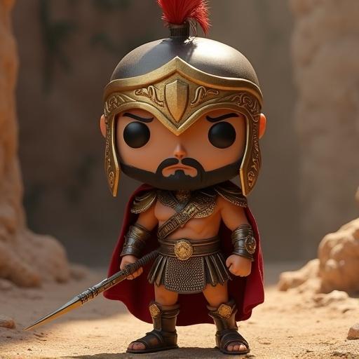 Funko Pop figure inspired by gladiators. Character wears a gladiator helmet and armor. The figurine stands on a sandy terrain. A spear is in the right hand. The background features rocky formations. Strong details on armor. Character has a fierce expression.