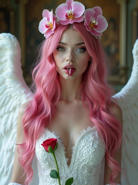 Elegant woman with long wavy black and pink hair. Green eyes with snarling teeth like a vampire. Looking into a mirror vision of angelic self. Serene beautiful pink hair. White beautiful gown with long white wings. Holding a red rose. Background features a Scottish castle with brightly lit windows. Ultradetailed with deep contrasted colors. Gown adorned with a crown of blood-orchids. Reflects a charismatic leader of vampiric flora. Hyper-realistic style with studio lighting against a solid white background.