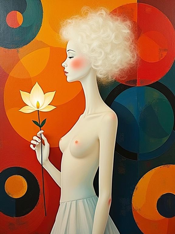 Ethereal albino figure with translucent skin stands against a backdrop of bold colors and shapes. Figure holds a glowing flower. Influences from Hannah Höch and Hans Hofmann visible. Warm vibrant lighting creates stark contrasts.