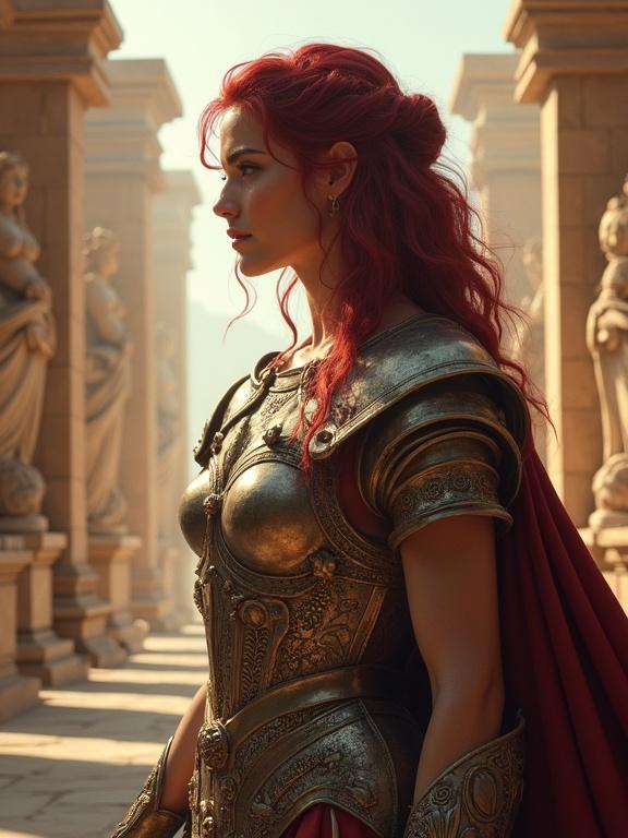 Warrior goddess stands in intricate silver armor with braided blonde hair. She holds a golden spear. Beside her is a majestic white owl. Background features an ancient temple with marble columns and godly statues. Divine light bathes the scene, creating an epic atmosphere. Digital photorealistic art style.