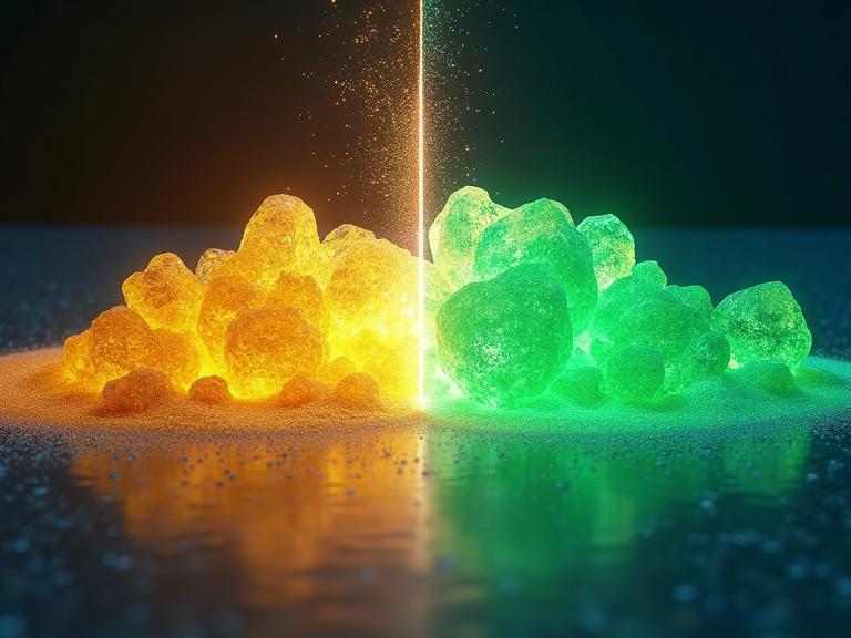 A scientific cover illustration featuring two states: amorphous yellow and crystalline green. Display a horizontal temperature scale indicating cold crystallization at 80 °C. The center shows a glowing effect. Backgrounds are soft texture for yellow and sharp geometric for green. Suitable for a chemistry journal cover.