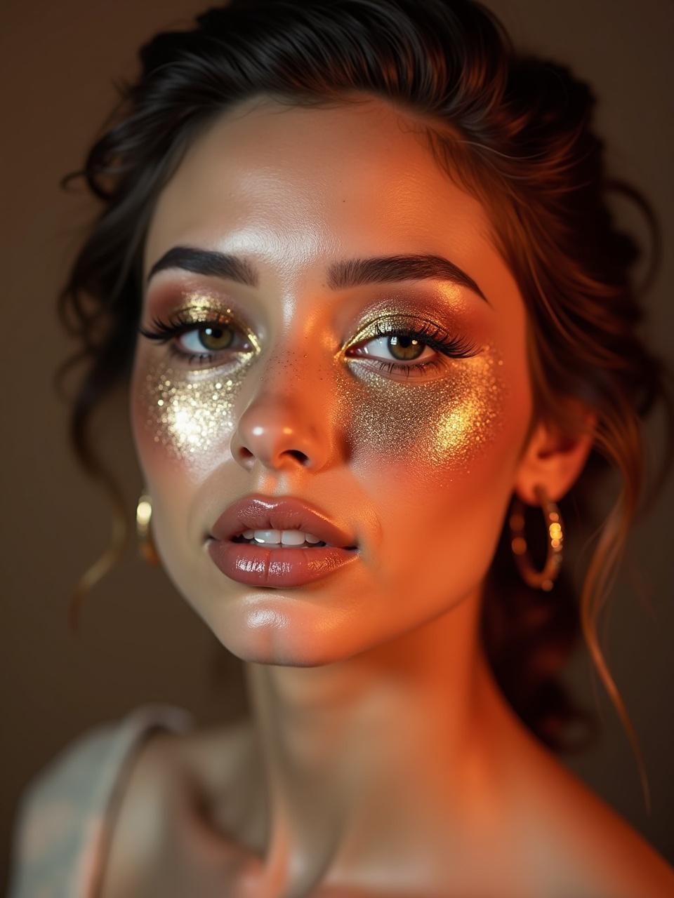 A beautiful woman wears glittering makeup. She has styled hair and elegant earrings. Soft and warm lighting highlights her features. The image creates an intimate and flattering atmosphere.