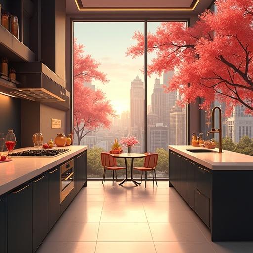 Futuristic kitchen in a luxurious townhouse. Features cherry blossom trees outside the window. Modern design with onyx black and light gold colors. Contains gourmet cooking area. View of the city skyline in the background.