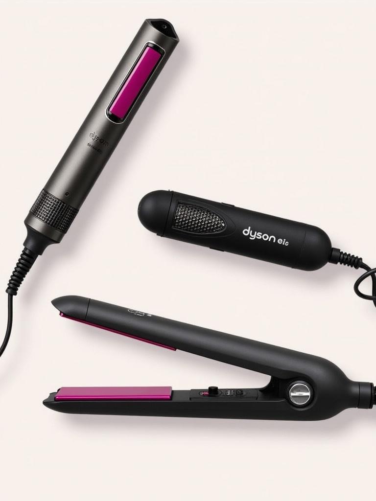 Showcase combination of Dyson cordless hair straightener and GHD unplugged hair straightener with modern design. Display the products together in a stylish layout. Use a neutral background for emphasis.