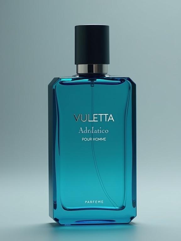 Photo of a minimalistic futuristic design perfume bottle in turquoise color. The background is soft gray. The label has 'VULETTA' in bold bespoke font in metallic silver at the top. Below it, 'ADRIATICO' in white silver font. At the bottom, faintly, 'PARFEME'. The image should have vibrant color grading and light leaks with shallow depth of field.