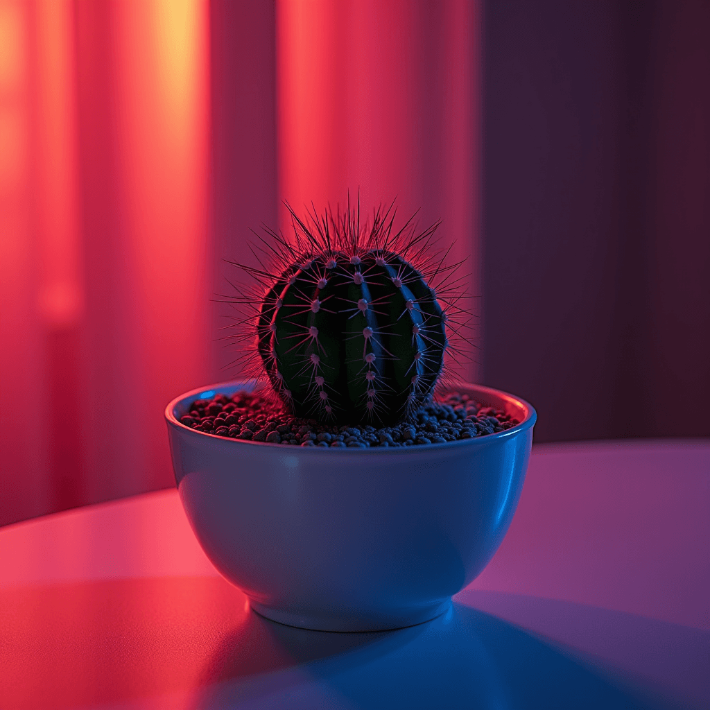 A cactus sits in a white pot, illuminated by blue and red lights on a smooth surface.