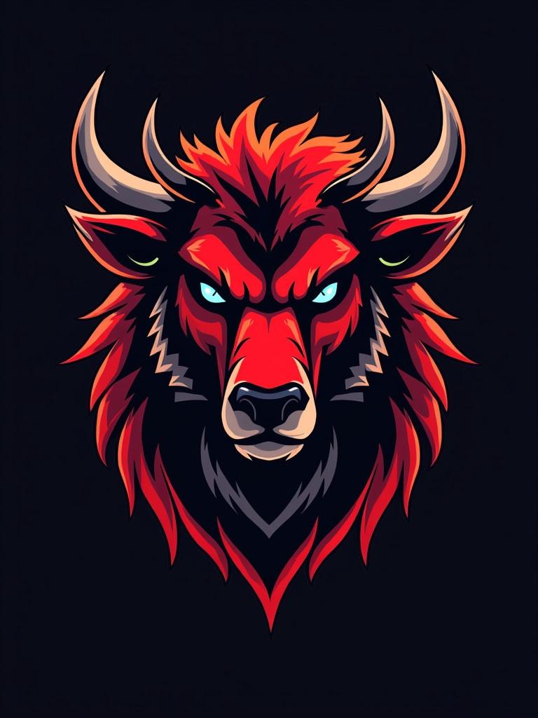 Stylized gaming logo featuring a fierce bull head. Strong red and black color scheme. Sharp design elements and glowing eyes. Created for a gaming team or esports brand.