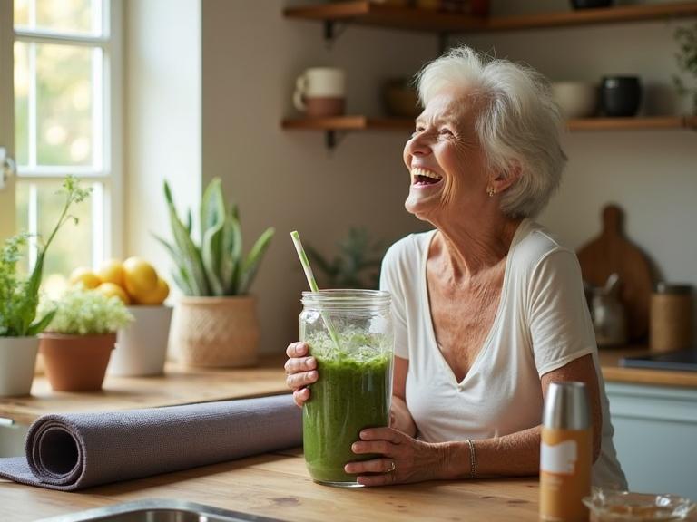 Candids of a 60-year-old woman in a sunlit kitchen blending a smoothie. The kitchen has fruits and plants. A yoga mat and sunscreen are on the counter. This scene evokes joy and health.