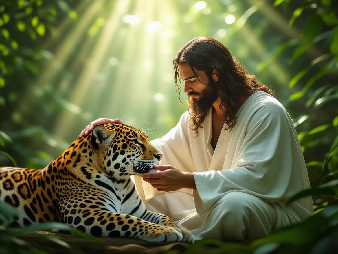 A serene scene in a dense jungle. A man resembles a biblical figure with long brown hair in a white robe. He gently strokes a calm jaguar. Sun rays filter through lush green foliage. The atmosphere feels divine and peaceful. A moment of spiritual connection between man and nature. Cinematic lighting enhances the scene with a soft focus background.