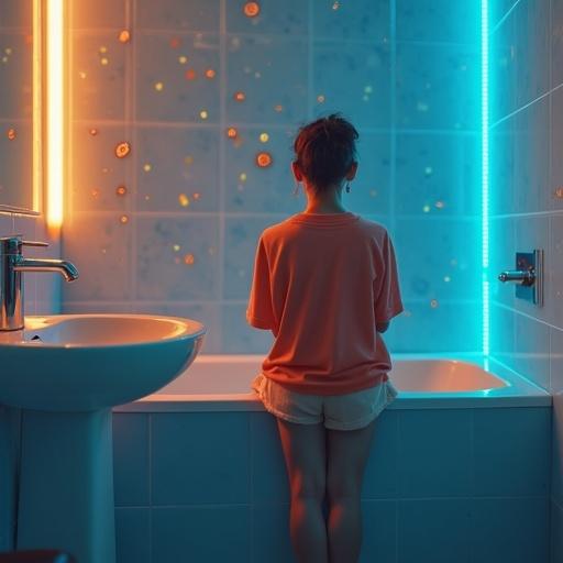 Show humor content creator in a bathroom. Glow from blockchain light and token streams. Soft futuristic colors with an emotional and empowering tone. Suitable for launchpad site.