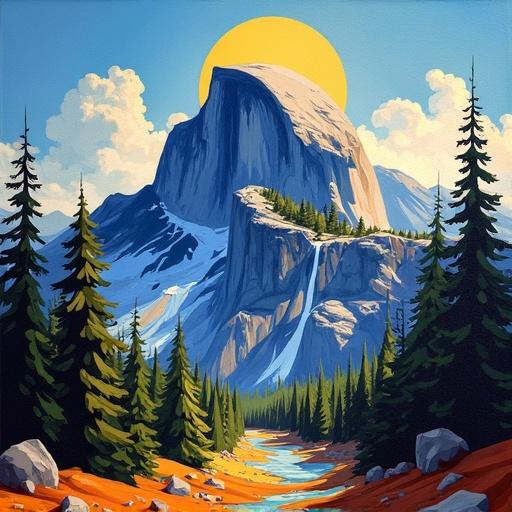 Painting of Half Dome in Yosemite inspired by Tullio Crali. Emphasizes dynamic lines and bold movement. Dramatic perspective captures the granite monolith. Sweeping energetic brushstrokes create a sense of speed. Vibrant contrasting colors and angular forms convey nature's power and Futurism's spirit. Composition feels alive and inspiring.