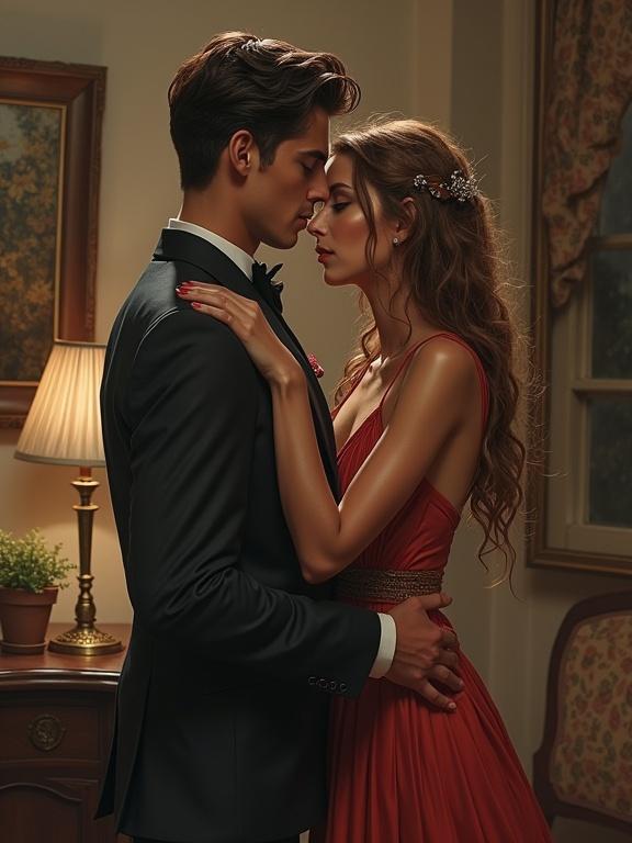 Romantic couple embracing in a softly lit room. Elegant attire with a focus on love and intimacy. The couple's expression signifies affection. The atmosphere is warm and inviting.