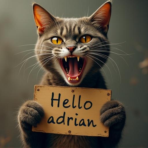 A realistic cat with a fierce expression holds a sign that says hello adrian. The cat appears vicious with sharp teeth and intense eyes. The background is softly blurred, emphasizing the cat and the sign.