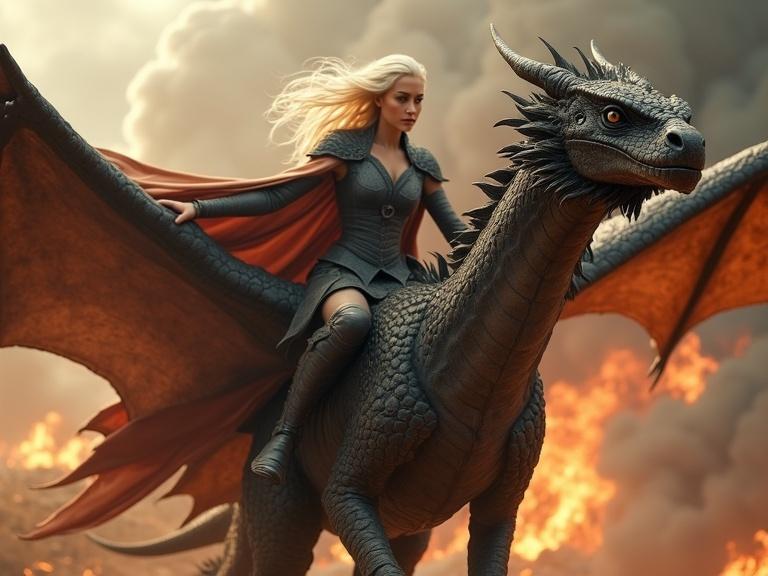Ultra-realistic depiction of a dragon rider in flight. Character with platinum blonde hair rides a massive dragon over a battlefield. Scene includes fire and smoke. Features dramatic clouds and intense lighting effects. Emphasis on detailed textures and high-definition quality.