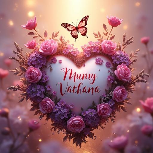 A romantic floral arrangement in 3D shows pink and purple roses, lilies, hydrangeas, lavender. A heart displays the name MUNY VATHANA in dark gold cursive. A butterfly with detailed wings hovers above. Warm golden light creates a magical atmosphere. Designed by Marchi 10.