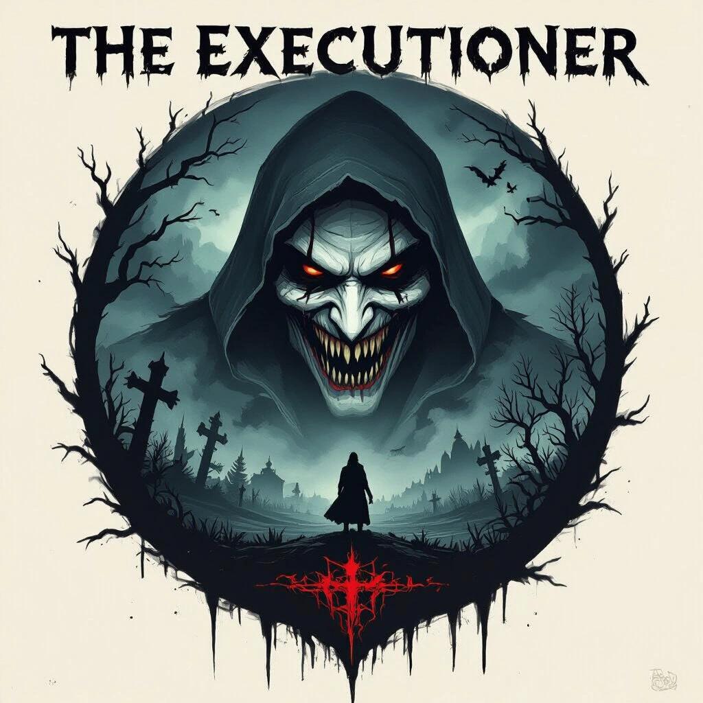 Scary face on an album cover. Epic scene with the title The Executioner. Dark and moody atmosphere with graveyard elements.
