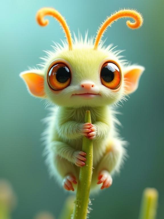 Image of a whimsical bug-like creature with pale yellow fur. The creature has large orange eyes and is clinging to a green plant stalk. The background is a soft blue-green with a bokeh effect. The creature appears cute and curious with a serene expression.