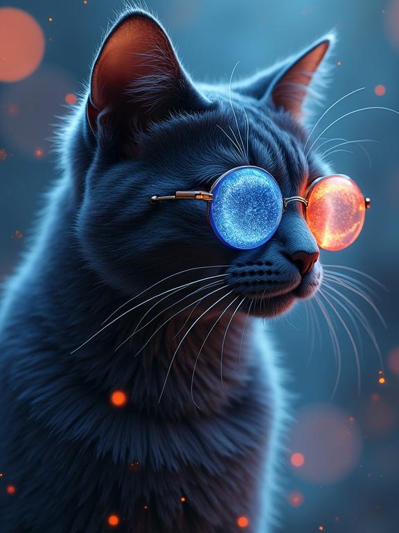 A cat wearing colorful glasses. Cinematic lighting creates an epic fantasy atmosphere. Emphasis on futuristic elements. High-quality digital artwork.