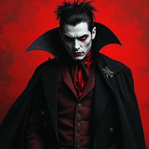 Create an ultra-realistic vampire king from 1890 Paris surrounded by his court. The artwork should feature rich reds and golds. The scene should convey a dramatic and gothic atmosphere.