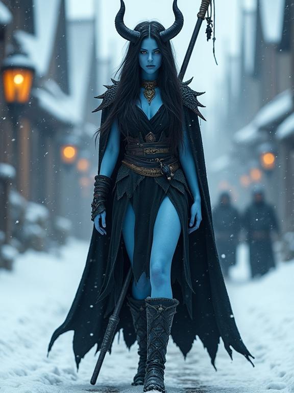 High fantasy aesthetic with a beautiful young devil woman in a snowy medieval town. She has blue skin and long black hair with curled horns. Dressed in a sleeveless tavern dress with a heavy black cape and traveling boots. Carrying a lance wrapped in black cloth. Covered in snow, walking through an enchanting scene.