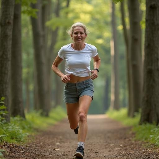 A middle aged woman is running through a forest. She is wearing a cropped t-shirt and short pants. Trees are surrounding her on both sides of the path.