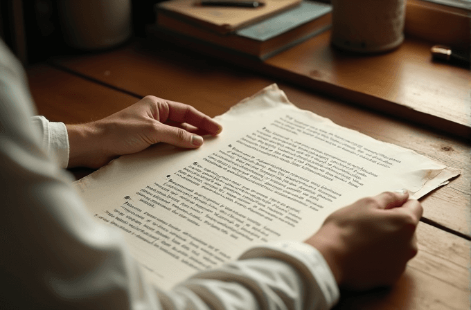 A person holding a sheet of paper with visible text, resting on a wooden desk.